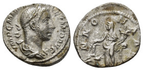 Severus Alexander; 222-235 AD AR Denarius (3.22 Gr. 18mm.) Rome
Bust laureate, draped right. 
Rev. Annona standing left holding wheat ears over modius...