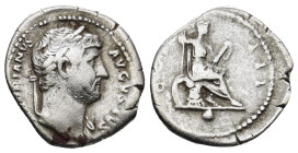 Hadrian. A.D. 117-138. AR Denarius (3.35 Gr. 18mm.). Rome 
Laureate bust of Hadrian right, slight drapery on far shoulder 
Rev. Roma seated right on c...