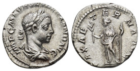 Severus Alexander; 222-235 AD AR Denarius (2.71 Gr. 18mm.) Rome
Draped bust of Severus Alexander to right. 
Rev. Pax standing left holding branch and ...