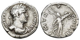 Hadrian AD 117-138. AR Denarius (3.33 Gr. 17mm.) Rome 
Laureate head of Hadrian to right 
Rev. Victory flying right, holding trophy with both hands.