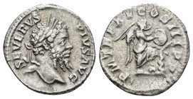 Septimius Severus AR Denarius. (18mm, 2.95 g) Rome, AD 207. SEVERVS PIVS AVG, laureate head right / P M TR P XV COS III P P, Victory standing right, f...