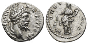 SEPTIMIUS SEVERUS (193-211). Denarius. (17mm, 3.1 g) Emesa. Obv: IMP CAE L SEP SEV PERT AVG COS II. Laureate head right. Rev: MONET AVG. Moneta standi...