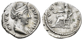 Diva Faustina I (wife of A. Pius) AR Denarius. (17mm, 3.1 g) Rome, after AD 141. DIVA FAVSTINA, draped bust to right / AVGVSTA, Vesta, veiled and seat...
