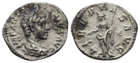 Elagabalus AR Denarius. (18mm, 2.6 g) Rome, AD 218-222. IMP ANTONINVS PIVS AVG, laureate and draped bust to right / LIBERTAS AVG, Libertas standing fa...