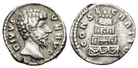 Divus Lucius Verus, died 169. Denarius (Silver, 17mm, 3.6 g), Rome, struck under Marcus Aurelius. DIVVS VERVS Bare head of Divus Lucius Verus to right...
