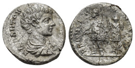 CARACALLA (Caesar, 196-198). Denarius. (16mm, 3.0 g) Rome. Obv: M AVR ANTON CAES PONTIF. Bare-headed, draped and cuirassed bust right. Rev: PRINCIPI I...