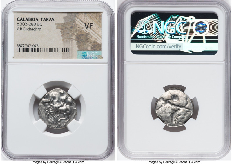 CALABRIA. Tarentum. Ca. 302-280 BC. AR didrachm (21mm, 11h). NGC VF. Nike leanin...