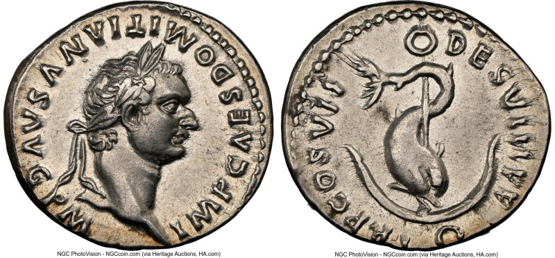 Domitian, as Augustus (AD 81-96). AR denarius (18mm, 11h). NGC XF, brushed. Rome...
