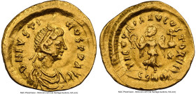 Justin I (AD 518-527). AV tremissis (16mm, 7h). NGC XF, wrinkled. Constantinople. D N IVSTI-NVS PP AVG, pearl-diademed, draped, and cuirassed bust of ...