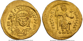 Justin II (AD 565-578). AV solidus (20mm, 4.44 gm, 6h). NGC AU 5/5 - 3/5, graffito. Constantinople, 3rd officina. D N I-VSTI-NVS PP AVG, cuirassed bus...