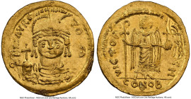 Maurice Tiberius (AD 582-602). AV solidus (22mm, 4.46 gm, 7h). NGC MS 2/5 - 4/5, flip-over double strike. Constantinople, 8th officina. o N mAVRC-TIb ...