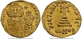 Constans II Pogonatus (AD 641-668), and Constantine IV. AV solidus (19mm, 4.30 gm, 5h). NGC Choice AU 4/5 - 4/5, clipped. Constantinople, 3rd officina...