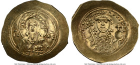 Michael VII Ducas (AD 1071-1078). AV/EL histamenon nomisma scyphate (28mm, 4.37 gm, 5h). NGC AU 5/5 - 2/5, graffito. Constantinople. Bust of Christ fa...