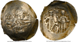 Manuel I Comnenus (AD 1143-1180). EL aspron trachy (22mm, 5h). NGC VF, die shift, edge crimps, scratches, graffito. Thessalonica. The Virgin Mary, nim...