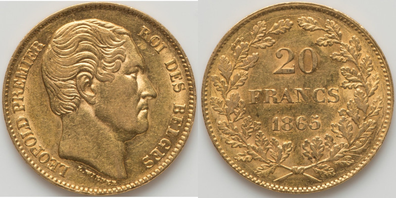 Leopold I gold 20 Francs 1865 XF, Brussels mint, KM23. 21mm. 6.42gm. HID09801242...