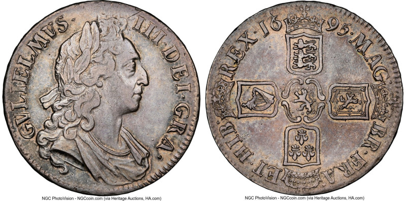 William III Crown 1695 XF45 NGC, KM486, S-3470, SEPTIMO edge. Blue, rose and yel...
