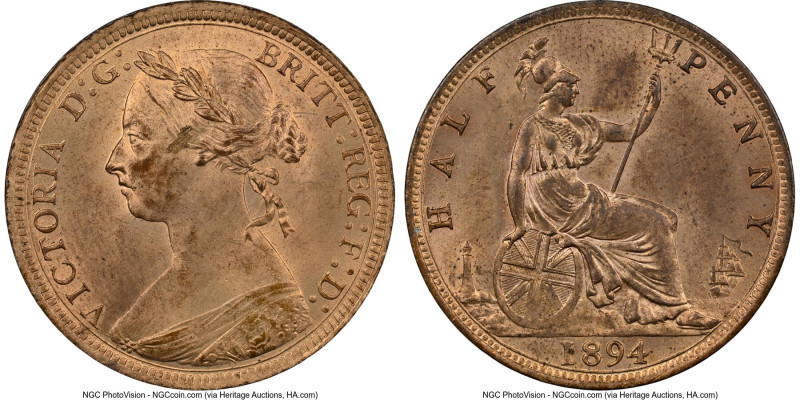 Victoria 1/2 Penny 1894 MS64 Red and Brown NGC, KM754, S-3956. Silken surface wi...