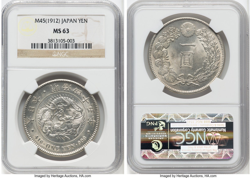Meiji Yen Year 45 (1912) MS63 NGC, Osaka mint, KM-YA25.3, JNDA 01-10A. Almond to...