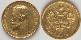 Nicholas II gold 5 Roubles 1900-ФЗ AU (cleaned), St. Petersburg mint, KM-Y62. 18.5mm. 4.27gm. HID09801242017 © 2023 Heritage Auctions | All Rights Res...