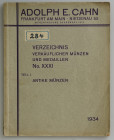 Auktionskataloge. Cahn, A.E., Frankfurt a.M. Lagerliste 31 von 1934.


Teil I. Antike Münzen. 2168 Nrn., 4 Tfn. Orig.-Broschur, Umschlag etwas defe...