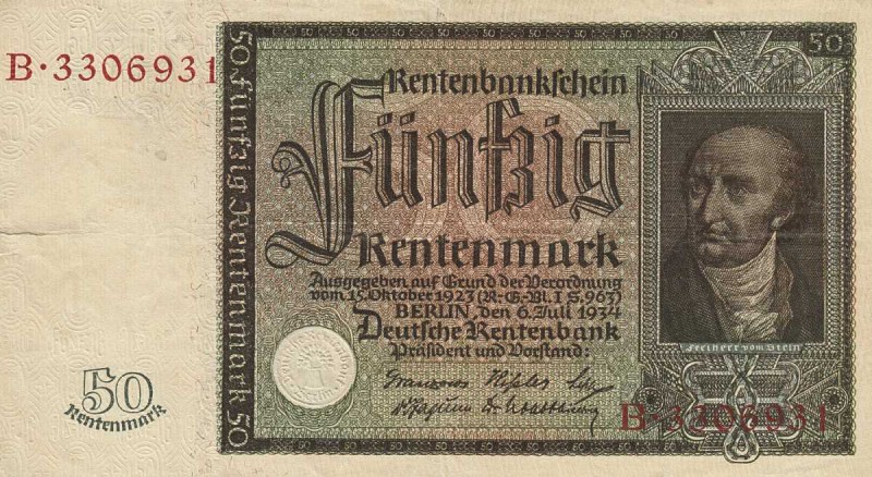 Deutsches Reich bis 1945
Deutsche Rentenbank 1923-1937 50 Rentenmark 6.7.1934. ...