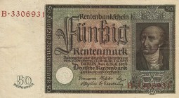 Deutsches Reich bis 1945
Deutsche Rentenbank 1923-1937 50 Rentenmark 6.7.1934. Serie B Ro. 165 Sehr selten. II-III