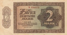 Deutsche Demokratische Republik
Ausgaben der Deutschen Notenbank und Staatsbank 1948-1990 2 DM 1948. Serie K Ro. 341 a Grabowski SBZ-12 a Leicht flec...