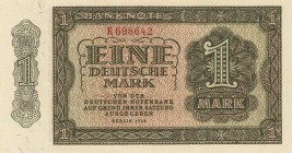 Deutsche Demokratische Republik
Ausgaben der Deutschen Notenbank und Staatsbank 1948-1990 1 DM 1948. Serie K Ro. 340 a Grabowski SBZ-11 a Selten. I