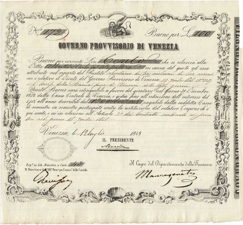 Ausland
Italien-Venedig 100 Lire 1849 5 % Anleihe der Governo Provisoria di Ven...