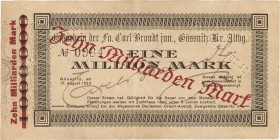 Städte und Gemeinden nach 1914
Gössnitz (Thür.) 10 Milliarden Mark 17.8.1923. Überdruck auf 1 Million Mark - Fa. Carl Brandt jun. - ein solcher Schei...