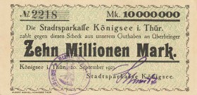 Städte und Gemeinden nach 1914
Königsee (Thür.) 1 Million Mark 8.8.1923. 5 Milllionen Mark 6.9.1923 und 10 Millionen Mark 20.9.1923 (mit Druckfirma) ...