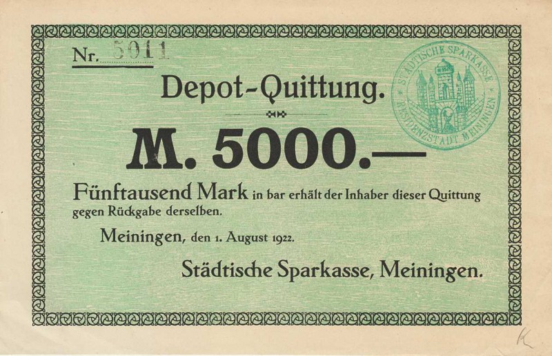 Städte und Gemeinden nach 1914
Meiningen (Thür.) 1000 und 5000 Mark 1.8.1922. S...