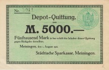 Städte und Gemeinden nach 1914
Meiningen (Thür.) 1000 und 5000 Mark 1.8.1922. Städtische Sparkasse Mü. 2925.1 c, 2 b 2 Stück. Selten. II-fast III...