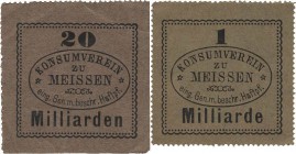 Städte und Gemeinden nach 1914
Meißen (Sa.) 1 und 20 Milliarden Mark o.D. Konsumverein zu Meissen Ke. - 2 Stück. Sehr selten. I und fast II