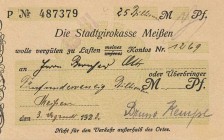 Städte und Gemeinden nach 1914
Meißen (Sa.) 25 Billionen Mark 3.12.1923. Bruno Kempe auf die Stadtgirokasse Meißen. Ein solcher Schein ist bei Keller...