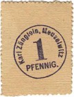 Städte und Gemeinden nach 1914
Meuselwitz (Thür.) 1, 2, 5, 10 und 50 Pfennig o.D. Karl Zänglein. 1 (2x - Stempel blau und Stempel violett) und 2 Pfen...