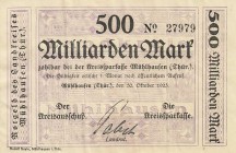 Städte und Gemeinden nach 1914
Mühlhausen (Thür.) 500 Milliarden Mark 50. Oktober 1923 Mit falschem Datum - Druckfehler. Kreisausschuss und Kreisspar...