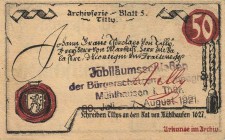Städte und Gemeinden nach 1914
Mühlhausen (Thür.) 50 Pfennig 1.4.-31.10.1921. Archivserie mit 4-zeiligem Stempel &quot;Jubiläumsschießen / der Bürger...