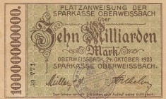 Städte und Gemeinden nach 1914
Oberweißbach (Thür.) 500.000 Mark 15.8.1923. Papier grün ohne Serie, weiß mit Serie II (2x versch.). 1 Million Mark 15...