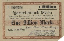 Städte und Gemeinden nach 1914
Ruhla (Thür.) Gewerbebank mit folgenden Ausstellern: Sebast. Bohner - 1 Billion Mark 22.11.1923. Braun & Siebtrau - 50...