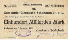 Städte und Gemeinden nach 1914
Schönbach (Sa.) 500.000 Mark 16.8.1923. 200.000 (2x) und 1 Million (2x) Mark 22.8.1923. 1 und 5 Millionen Mark 30.8.19...