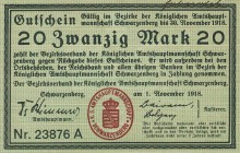 Städte und Gemeinden nach 1914
Schwarzenberg (Sa.) 5 Mark 1.11.1918. Unentwertet. 5 und 20 Mark 1.11.1923 beide entwertet. 5 Mark 5.11.1918 - 1x unen...