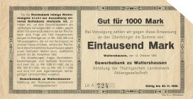 Städte und Gemeinden nach 1914
Waltershausen (Thür.) 1000, 5000 und 10000 Mark mit grünem Überdruck auf Scheine vom 7.2.1923. 500 Mark 6.9.1922 mit V...