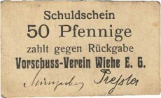 Städte und Gemeinden nach 1914
Wiehe (Thür.) 50 Pfennig o.D. Schuldschein des Vorschuss-Verein Wiehe E.G. 3 Stück, davon 1x entwertet 3 Stück. Selten...