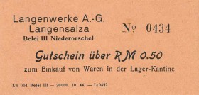 Kriegsgefangenenlager 1939-1945 Langensalza
 0,50, 1, 2 und 5 Reichsmark o. D. Langenwerke A.-G. Langensalza, Belei III Niederorschel. Gutscheine zum...