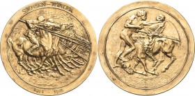 Erster Weltkrieg
 Vergoldete Bronzemedaille 1918. &quot;Sachsen-Thaler&quot; zur Erinnerung an den 1. Weltkrieg. Reiter mit Lanzen nach rechts / Unbe...