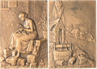 Jugendstil
 Bronzeplakette o.J. (Blanche Moria) Näherin. Am Hauseingang sitzende junge Frau bei der Näharbeit / Dorfbrunnen, im Hintergrund einfache ...