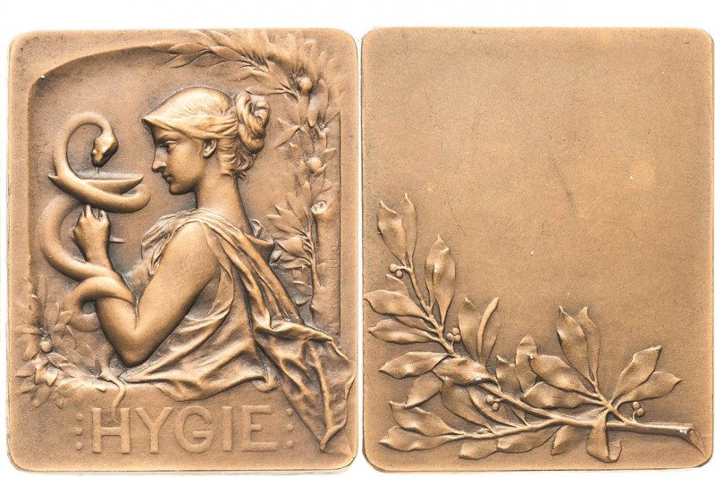 Jugendstil
 Bronzeplakette o.J. (G.-H. Prud'homme) &quot;Hygie&quot;. Hygieia m...