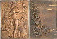Jugendstil
 Bronzeplakette o.J. (1899) (Alphonse Lechevrel) Hommage aux graveurs. Nackte Frauengestalt schreibt die Namen von Chaplain, Roty und ande...
