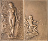 Jugendstil
 Bronzeplakette 1904 (G.-H. Prud'homme) Quelle und angelndes Kind. Unbekleidete junge Frau steht am Wasserfall, links Schilf / Unbekleidet...